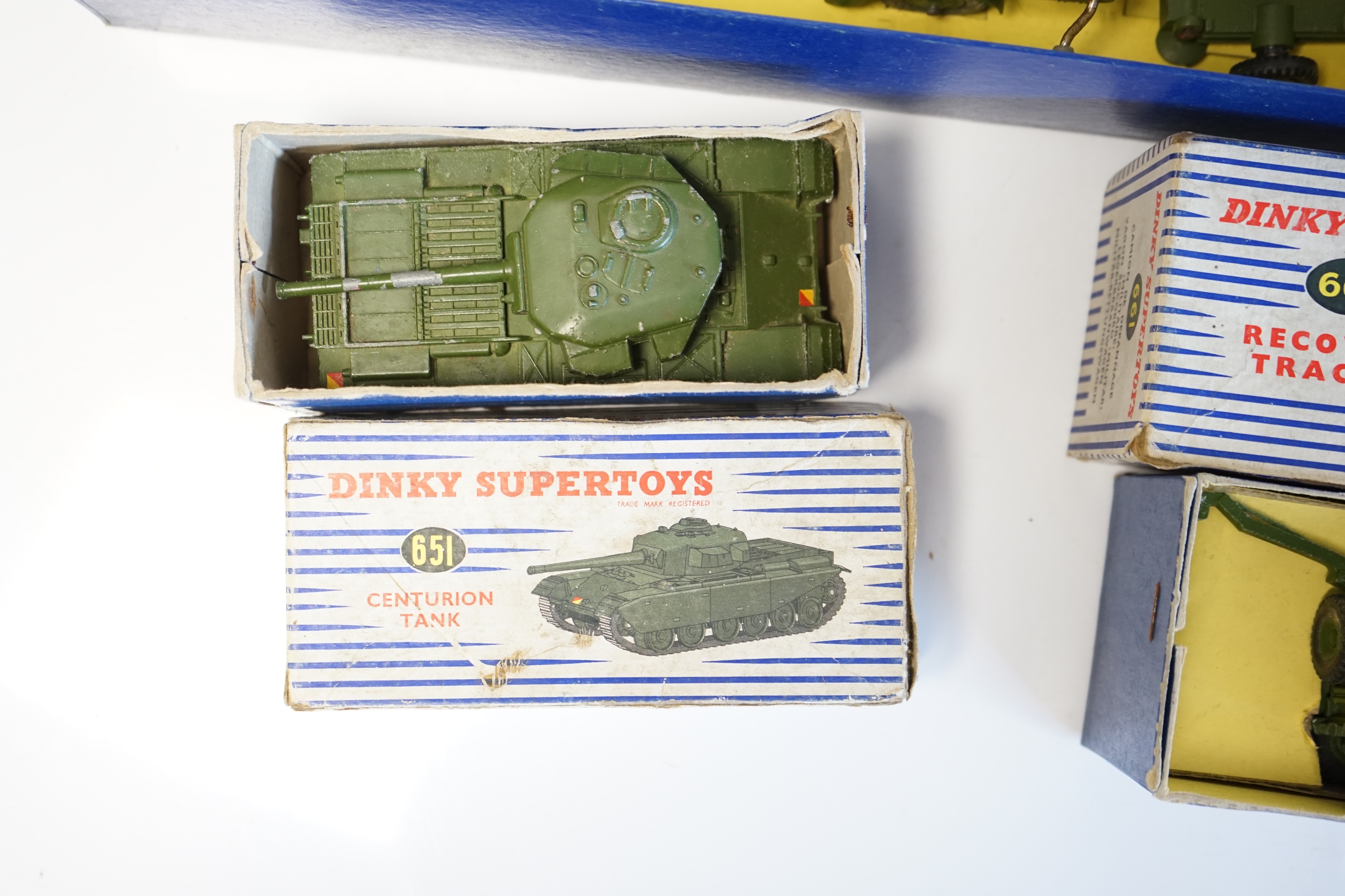 Ten Dinky Toys and Supertoys military vehicles, including four boxed examples; Missile Erector Vehicle with Corporal Missile and Launching Platform (666), Recovery Tractor (661). Tank Transporter (660), Centurion Tank (6